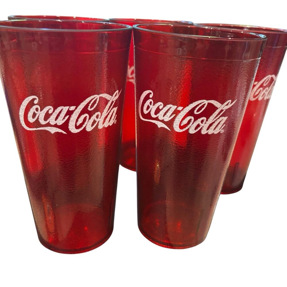 Five (5) Vintage Coca-Cola Red Plastic Restaurant Tumblers 6.5” Drinking Cups